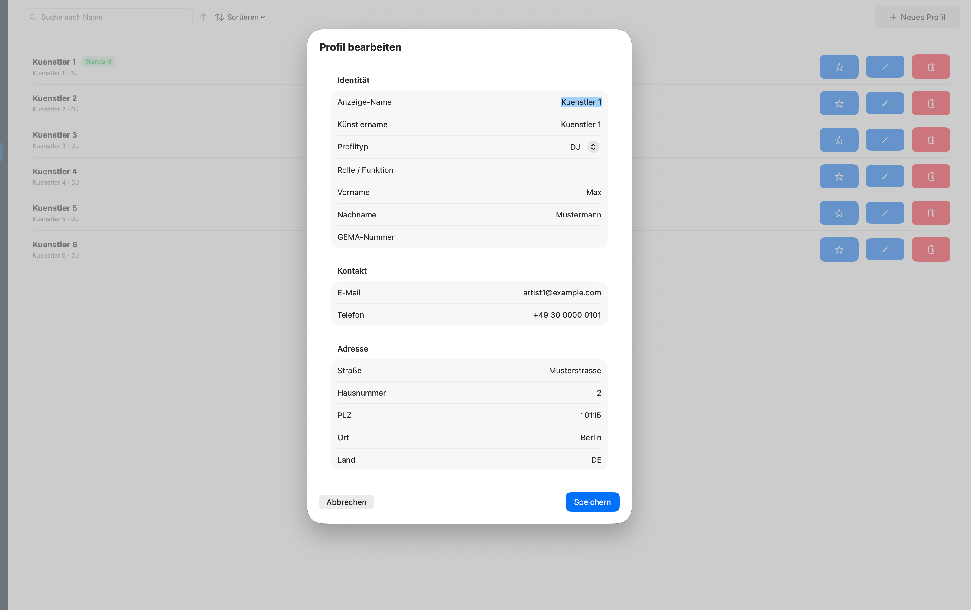 Künstlerprofil bearbeiten
