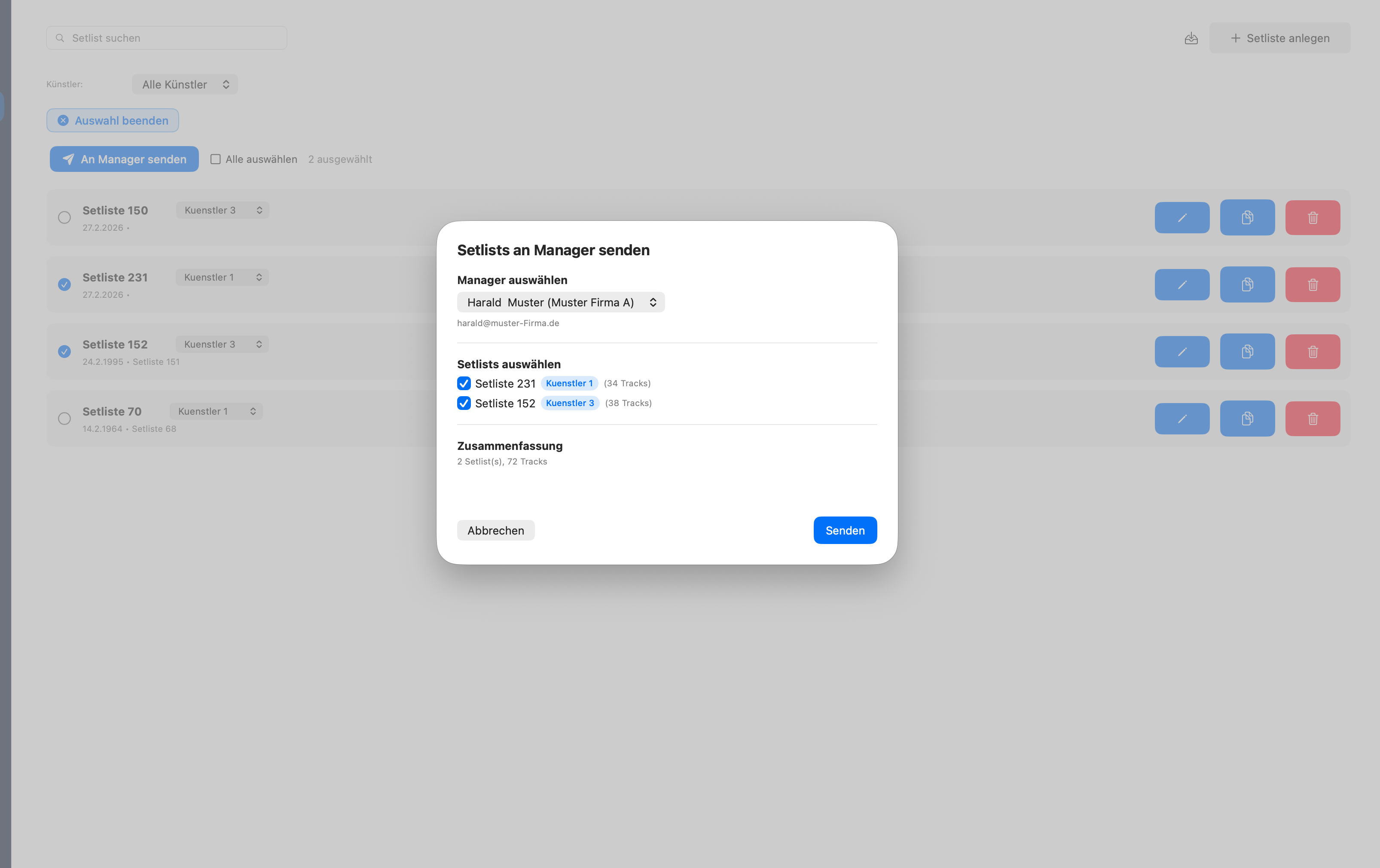 Setlist-Versand in DJReport